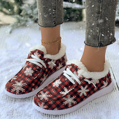 Women's Snow Boots Plaid & Snowflakes Print Warm Lace-up Winter Christmas Boots