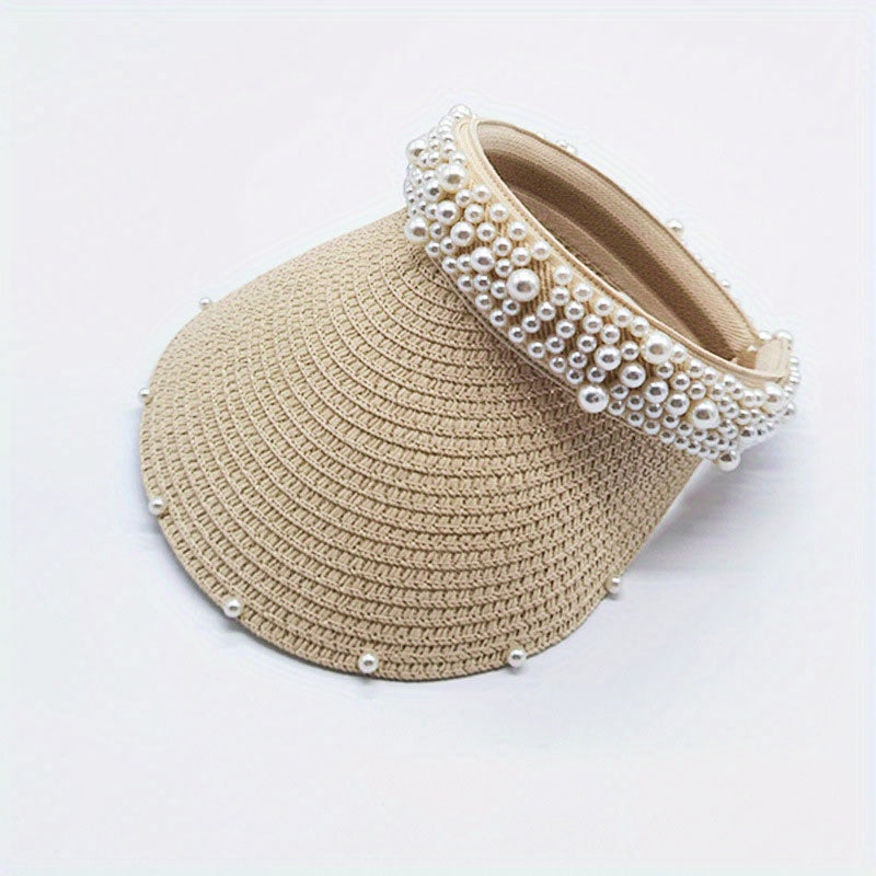 Faux Pearl Visor Hat Straw Sun Hat UV Protection Beach Hat