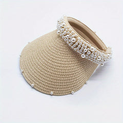 Faux Pearl Visor Hat Straw Sun Hat UV Protection Beach Hat