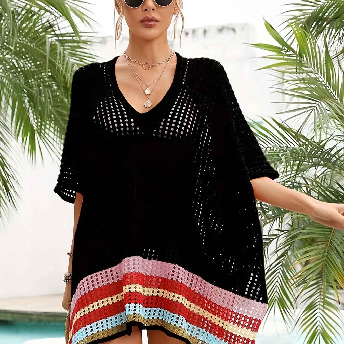  Sexy Cover Up Women's Plus Striped Batwing Sleeve V Neck