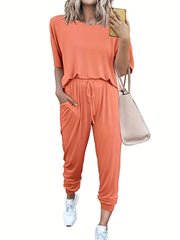 Casual Two-Piece Set Crew Neck Short Sleeve Tops & Drawstring
