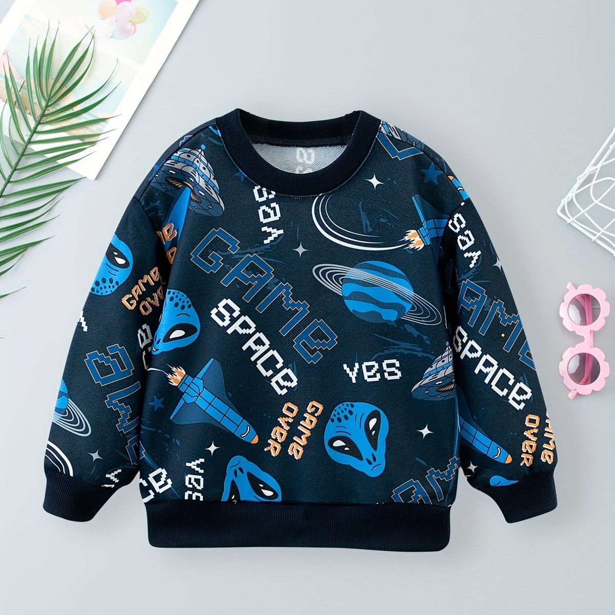 Space Alien Print Boys Casual Pullover Sweatshirt Long Sleeve Crew Neck Tops