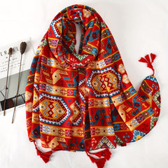 Vintage Geometric Print Scarf Bohemian Tassel Shawl Red