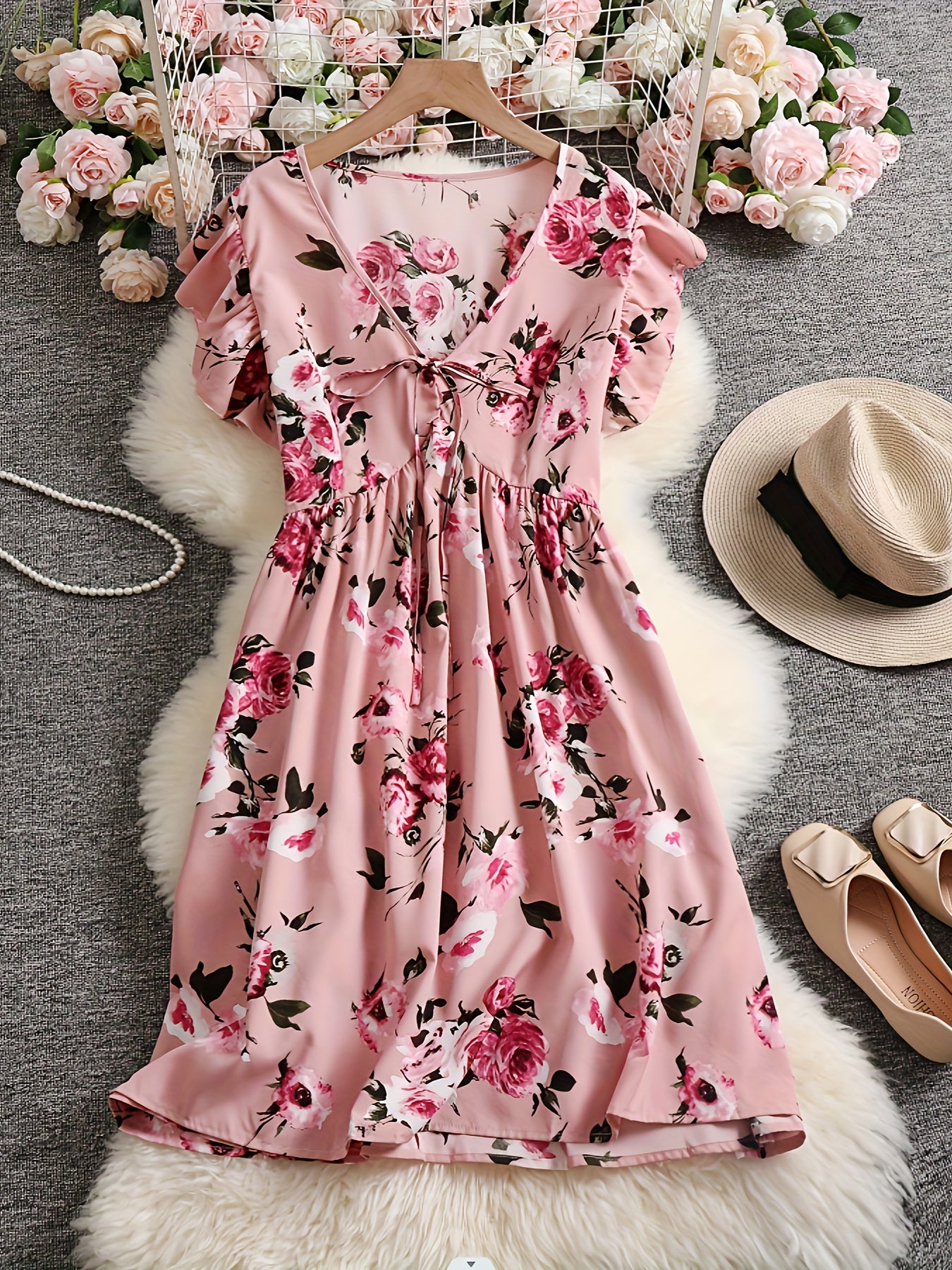  Women's Floral Ruffle Sleeve Dress