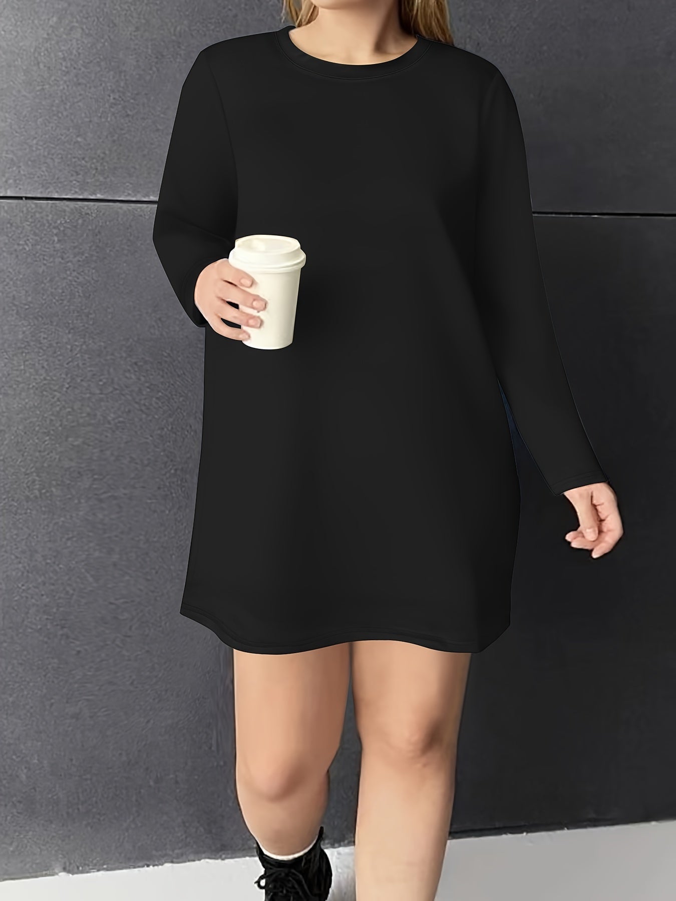  Solid Long Sleeve Round Neck Tee Dress