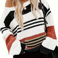  Stripe Print Long Sleeve Round Neck Jumper