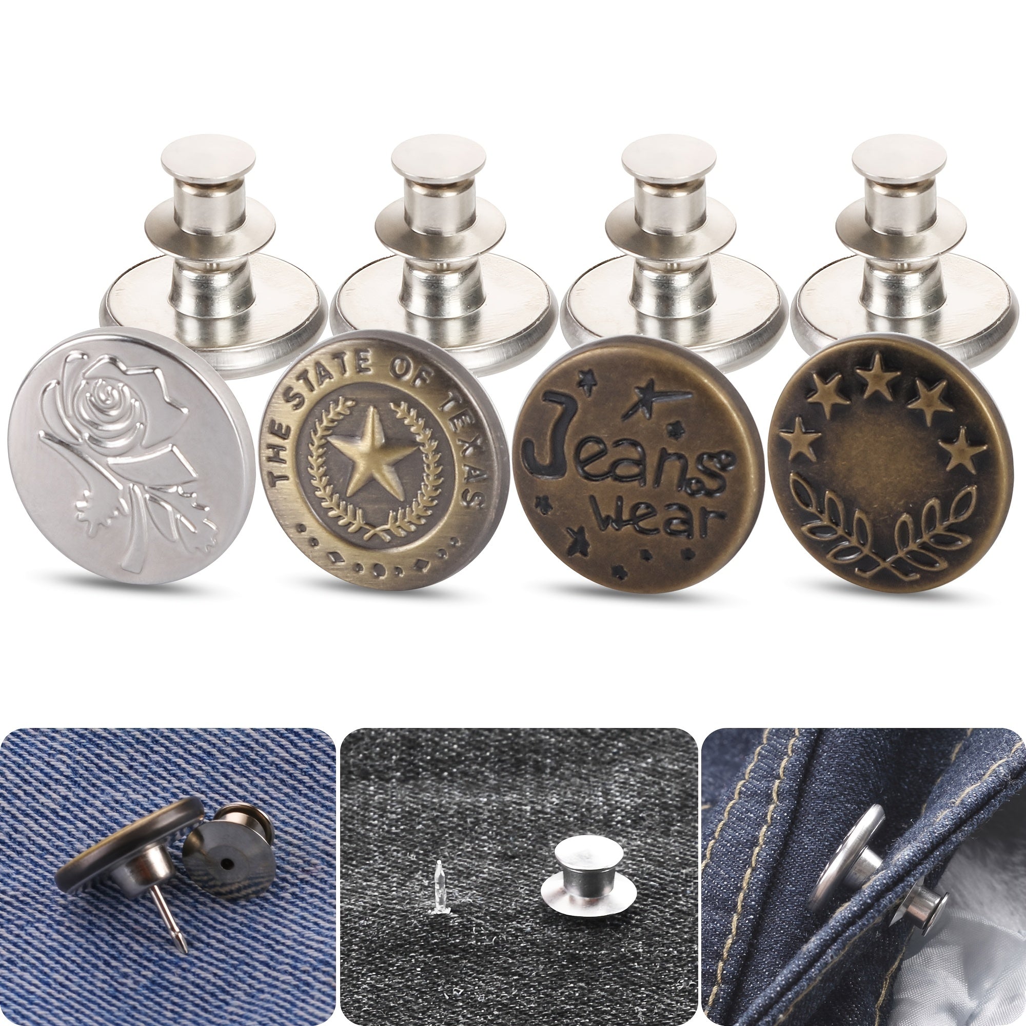 8 Piece Denim Button Pins For Jeans DIY