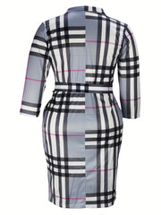  Plaid Long Sleeve Dress With Belt