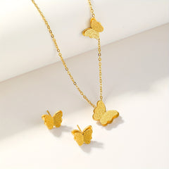 3pcs Golden Butterfly Necklace And Earrings Set Retro Jewelry For Women
