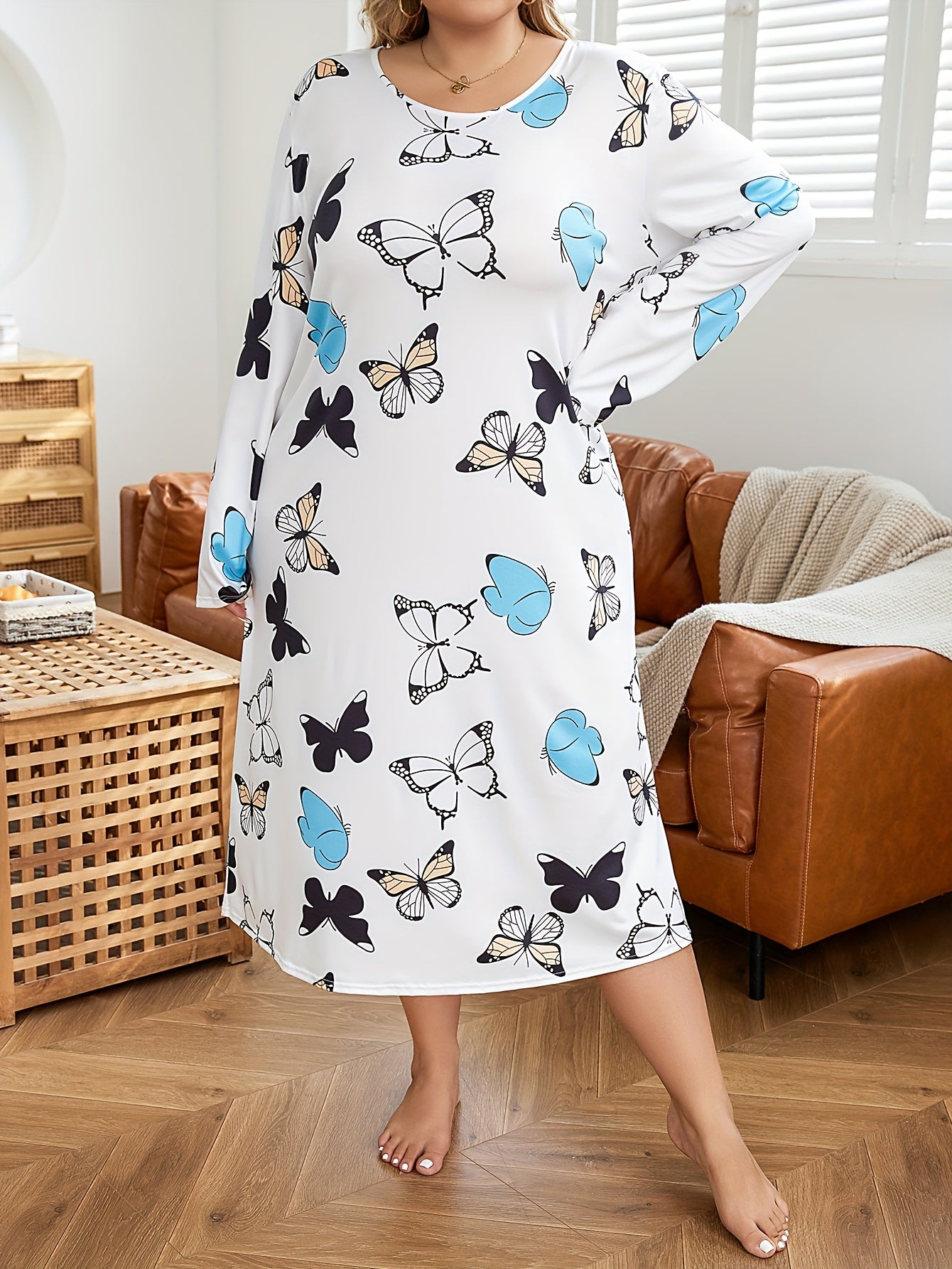  Butterfly Print Long Sleeve T-shirt Sleep Dress