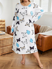  Butterfly Print Long Sleeve T-shirt Sleep Dress