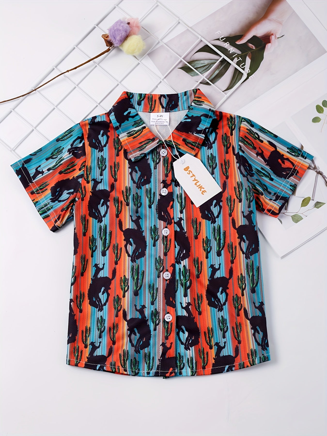 Boys Bull Cactus Striped Short Sleeve Button Down Shirt Casual Summer Clothes
