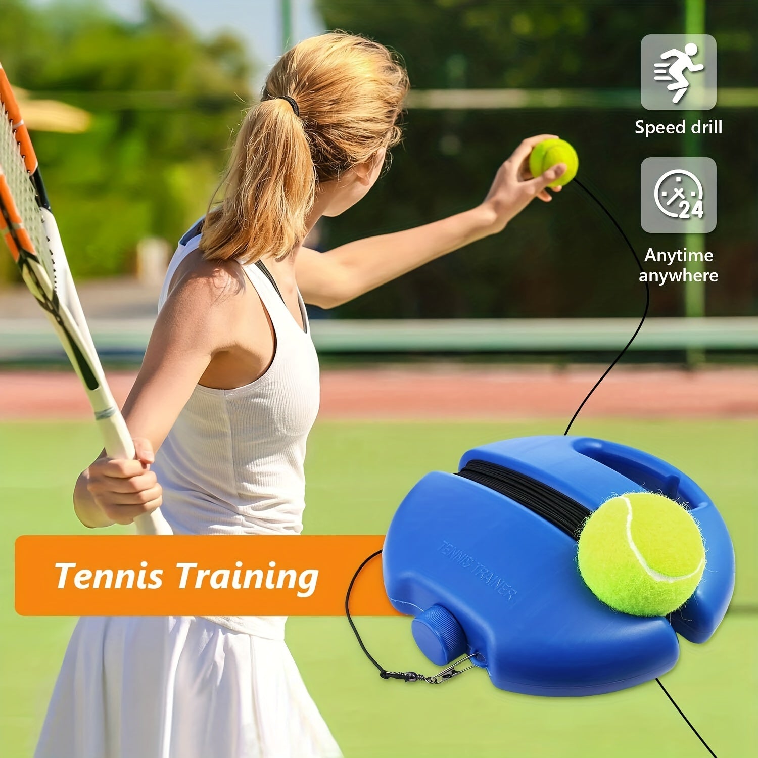 Tennis Singles Training Practice Set - Base, Tennis Ball & Elastic Rope