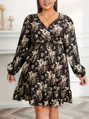  Boho Dress Women's Plus Floral Print Long Sleeve Shirred Waist Dress