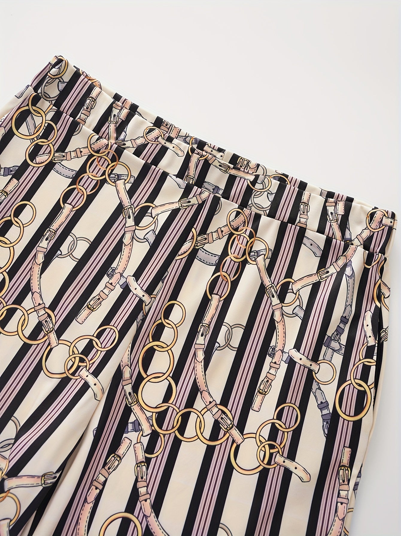 Stripe & Chain Print High Rise Flared Leg Trousers