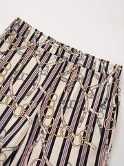  Stripe & Chain Print High Rise Flared Leg Trousers