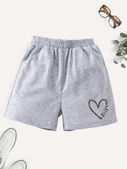 Girls' Casual Heart Graphic Shorts with Pockets