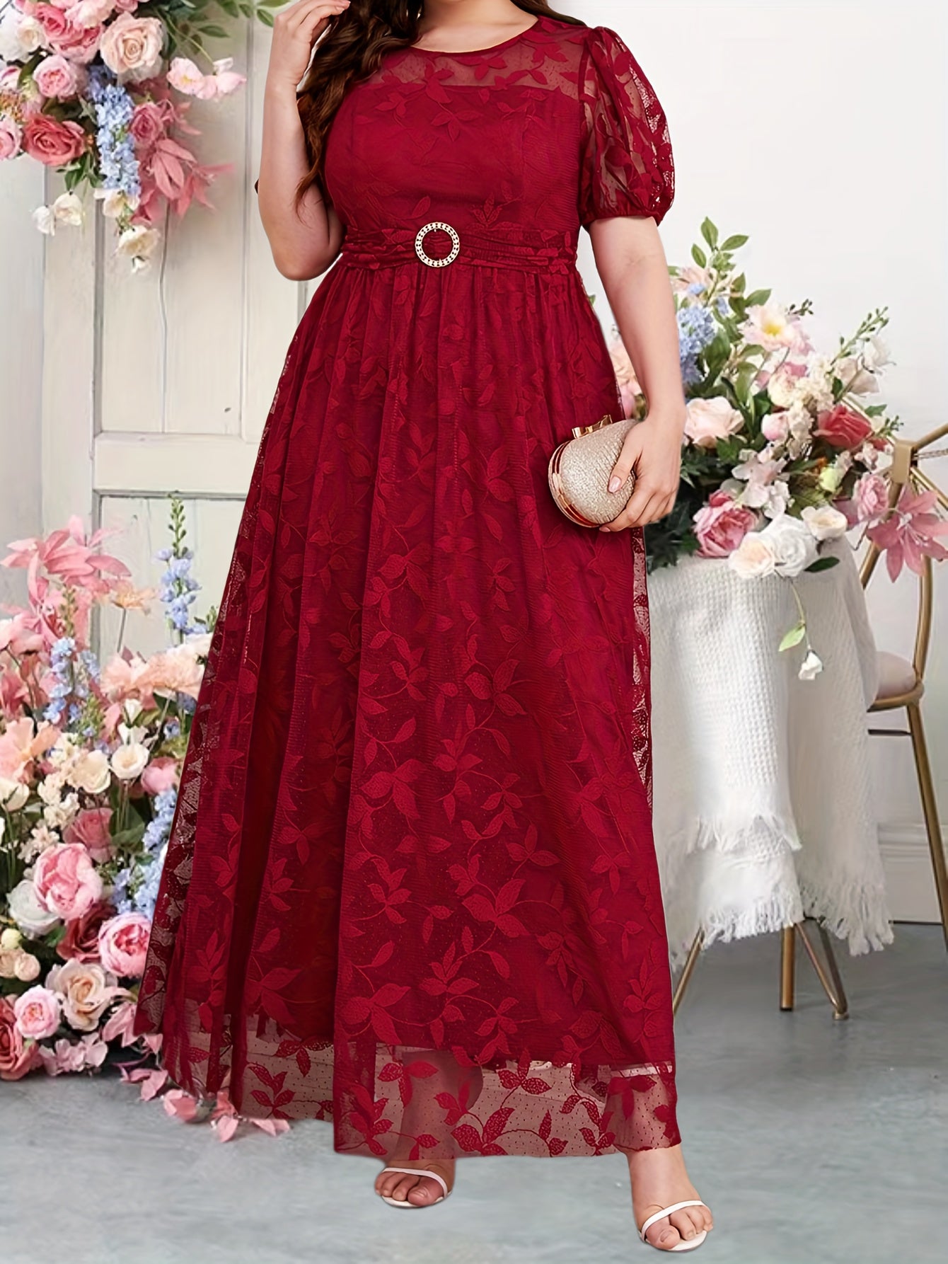 Leaf Lace Puff Sleeve Plus Size Bridesmaid Maxi Dress