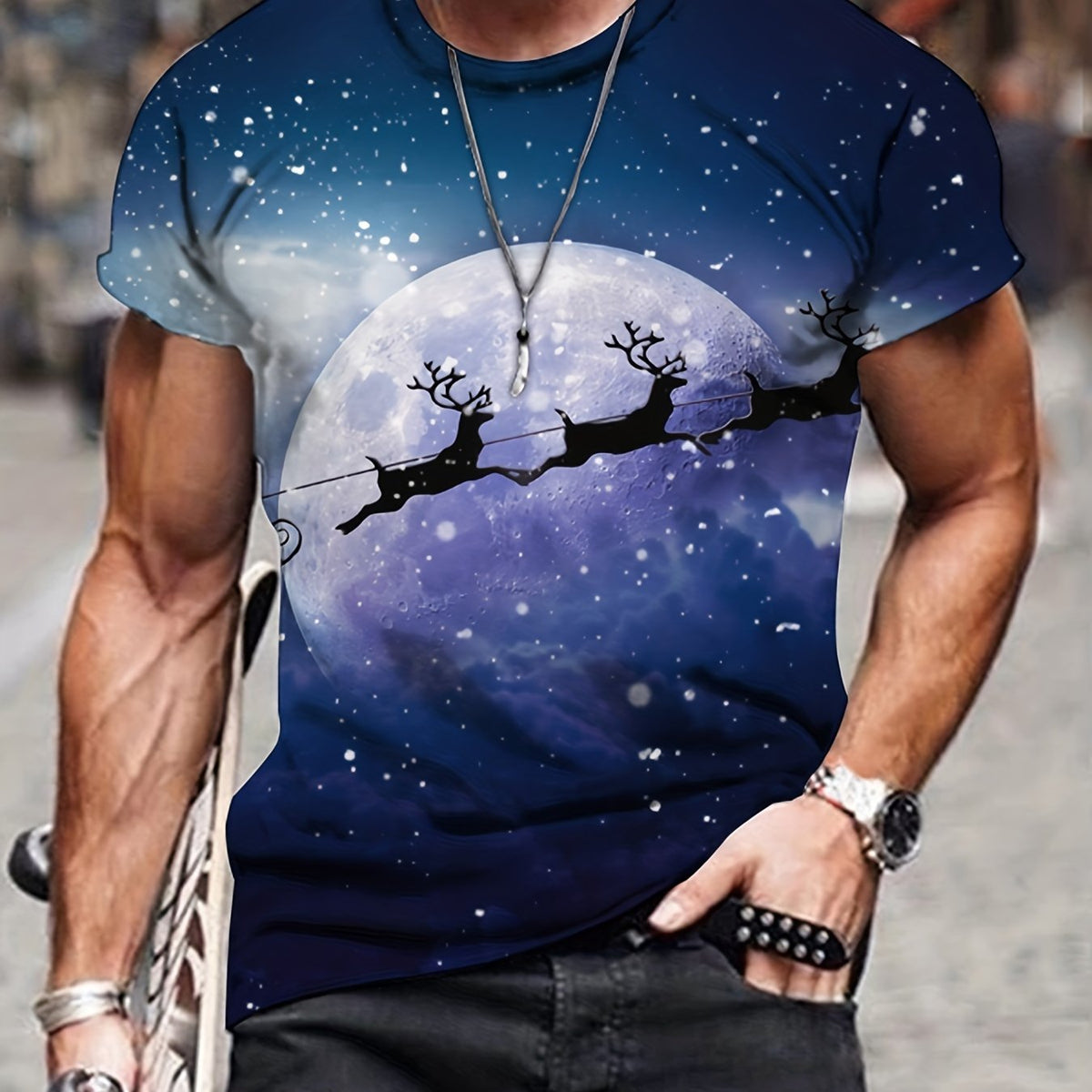 Deer & Snowflake Print Men's Graphic T-shirt for Summer