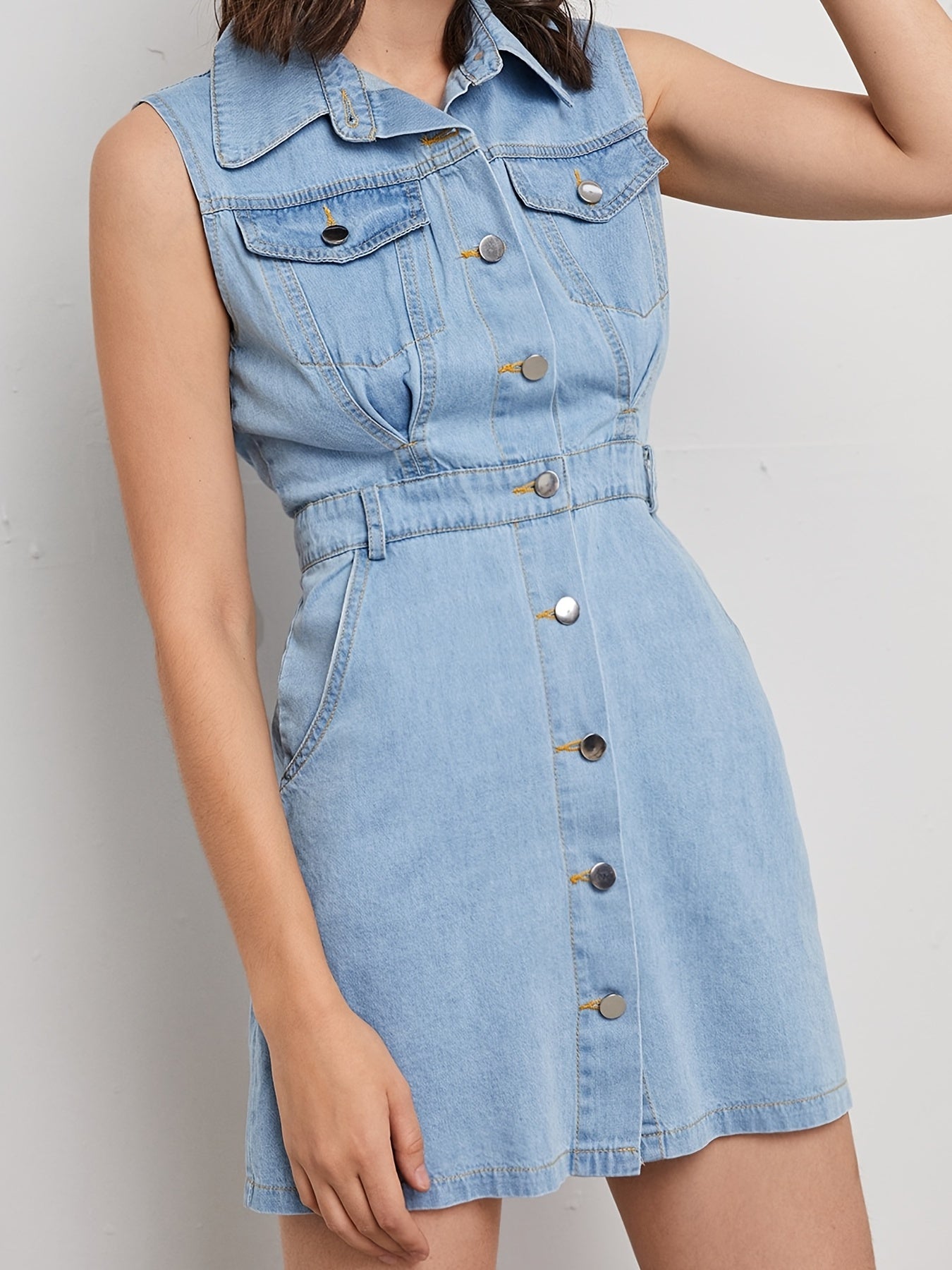 Button Denim Dress Flap Pockets Sleeveless Non Stretch Lapel Denim Dress