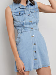 Button Denim Dress Flap Pockets Sleeveless Non Stretch Lapel Denim Dress