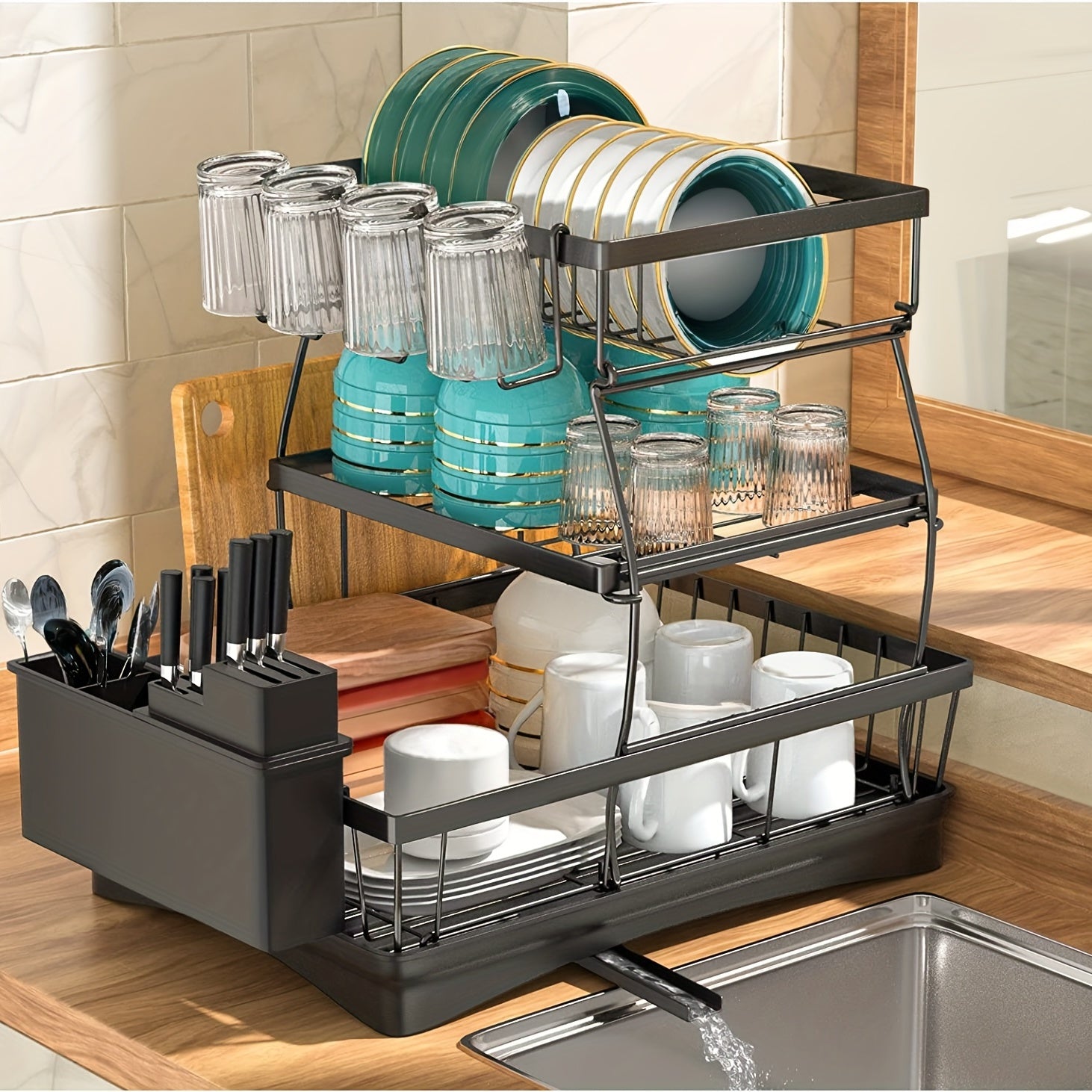3 Tier Dish Drying Rack with Drainboard Utensil Holder