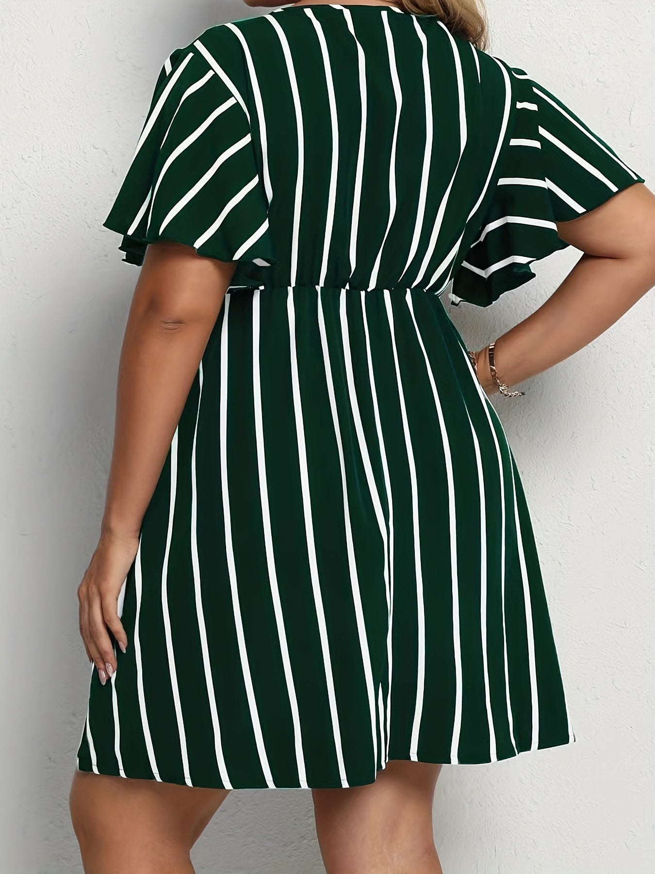  Stripe Print Short Sleeve Surplice Neck Dress