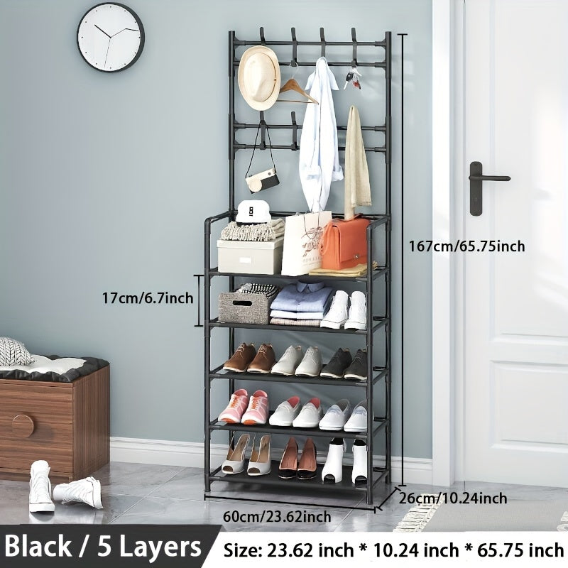 Clothes Storage Rack With Shoe Storage - Metal Stand With 8 Hooks