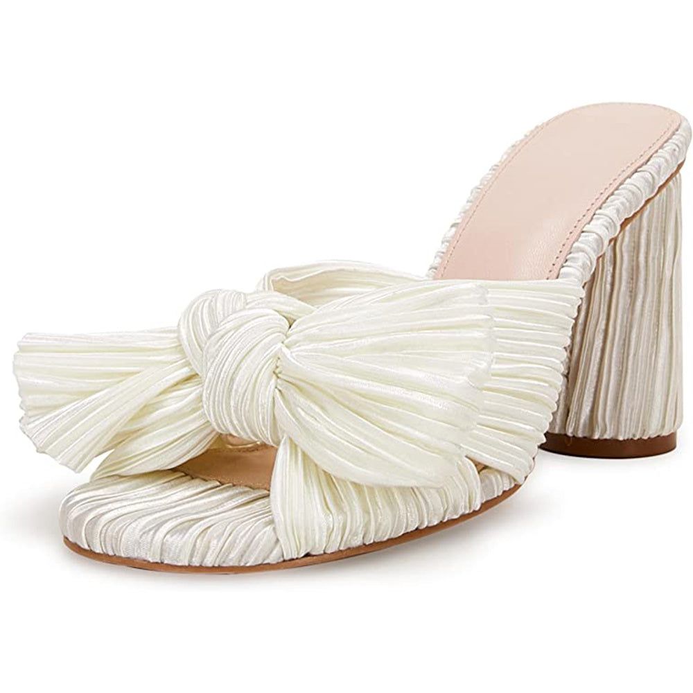Women's Pleated Bow Knot Sandals Chunky Heel Open Toe Wedding High Heels