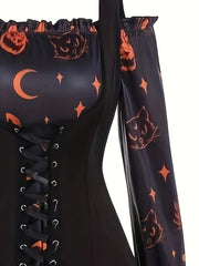  Goth Dress Women's Plus Colorblock Graphic Print Lace Up Dress