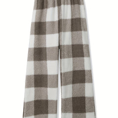 Women's Plus Plaid Print Fleece Elastic High Rise Wide Leg Pants