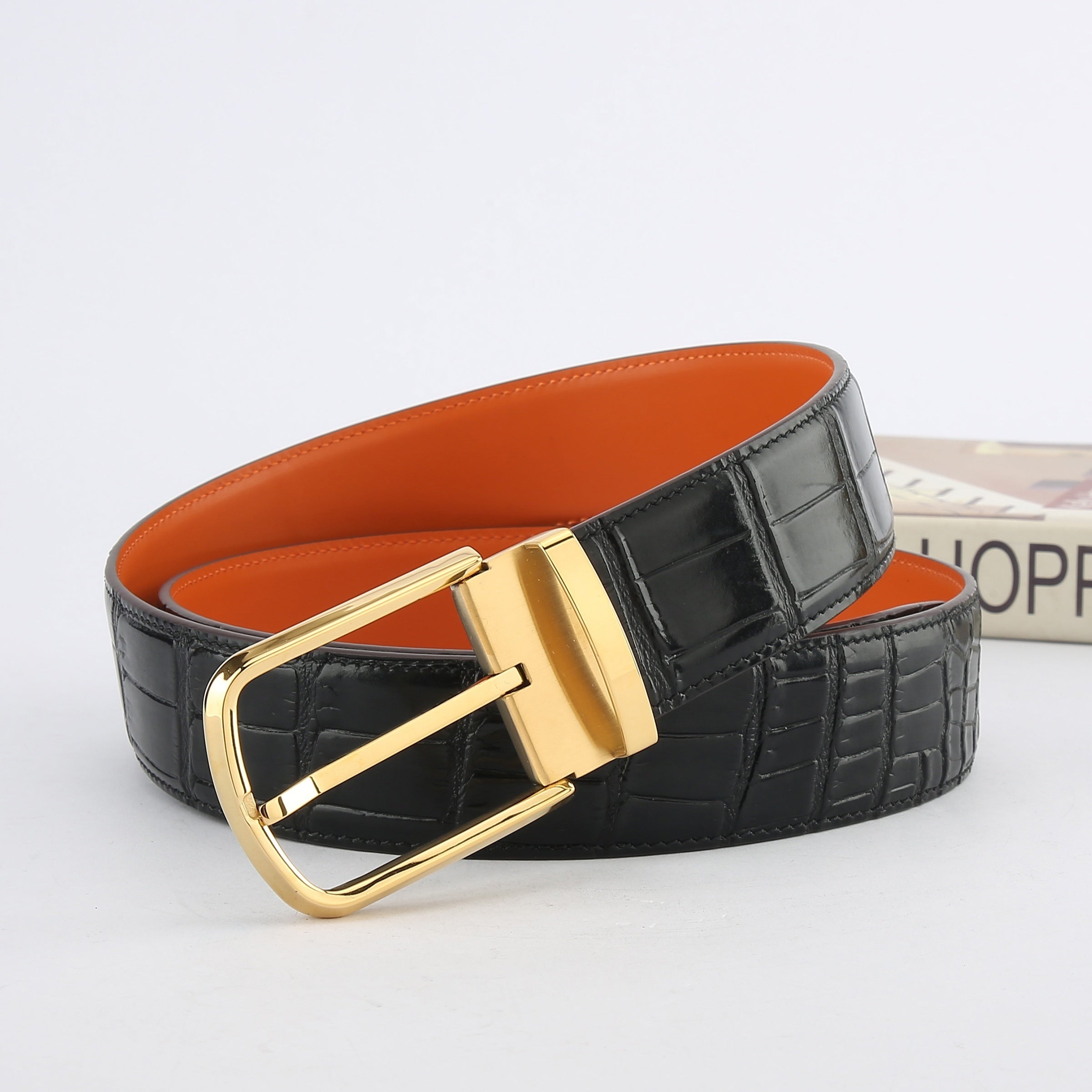 Cowhide Leather Belt Crocodile Pattern Stainless Steel Insert Buckle