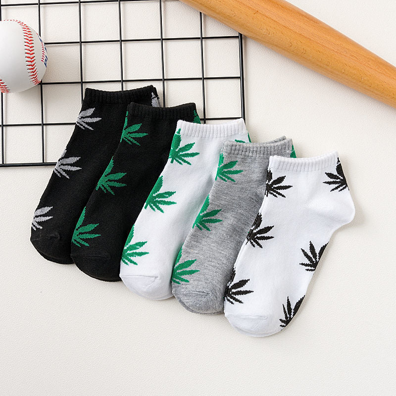 5 Pairs Leaf Print Ankle Socks Soft & Lightweight Sports Socks Women's Stockings