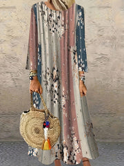  Boho Colorblock Floral Print Long Sleeve Maxi Dress