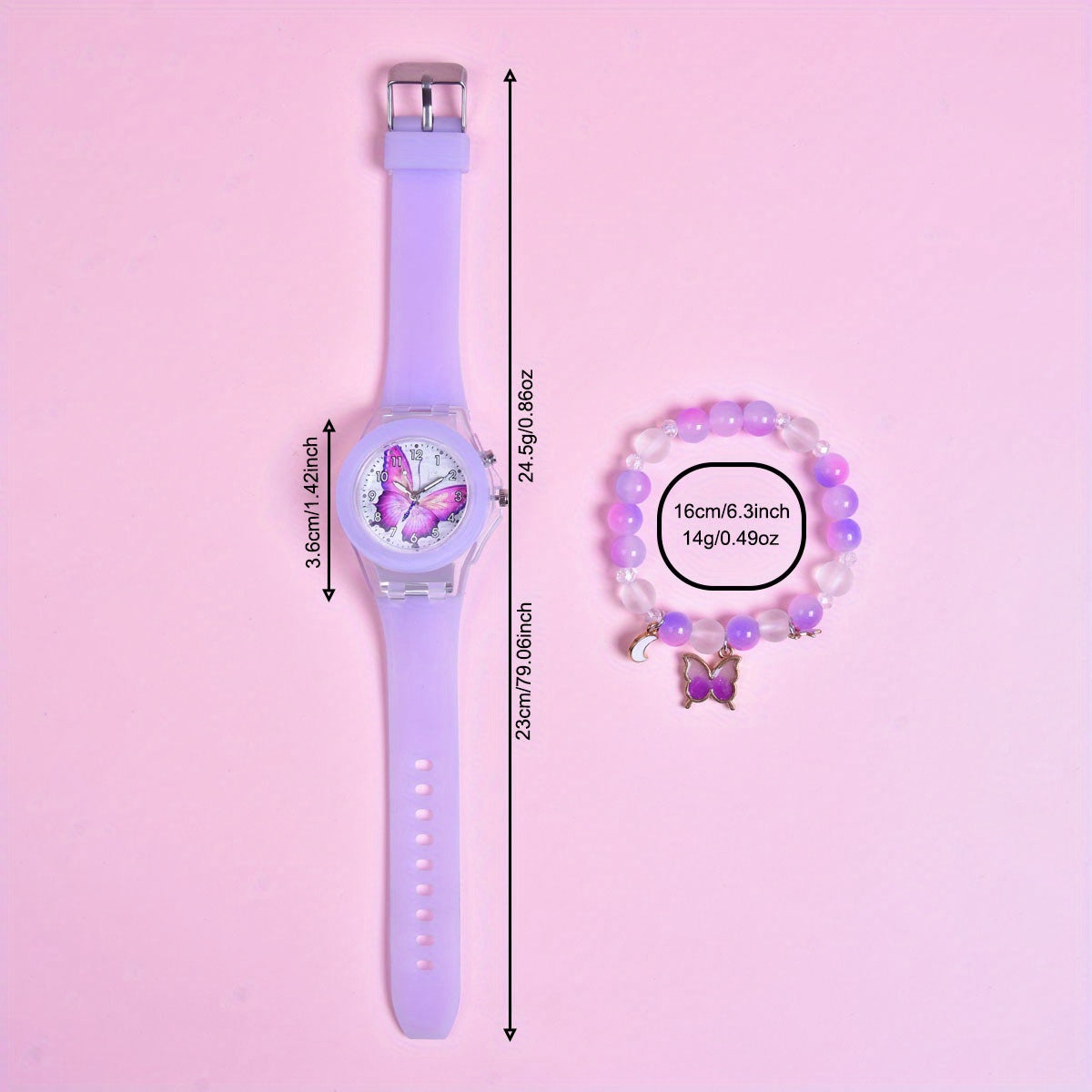 Girls' Silicone Strap Pointer Watch Set Butterfly Quartz Wristwatch