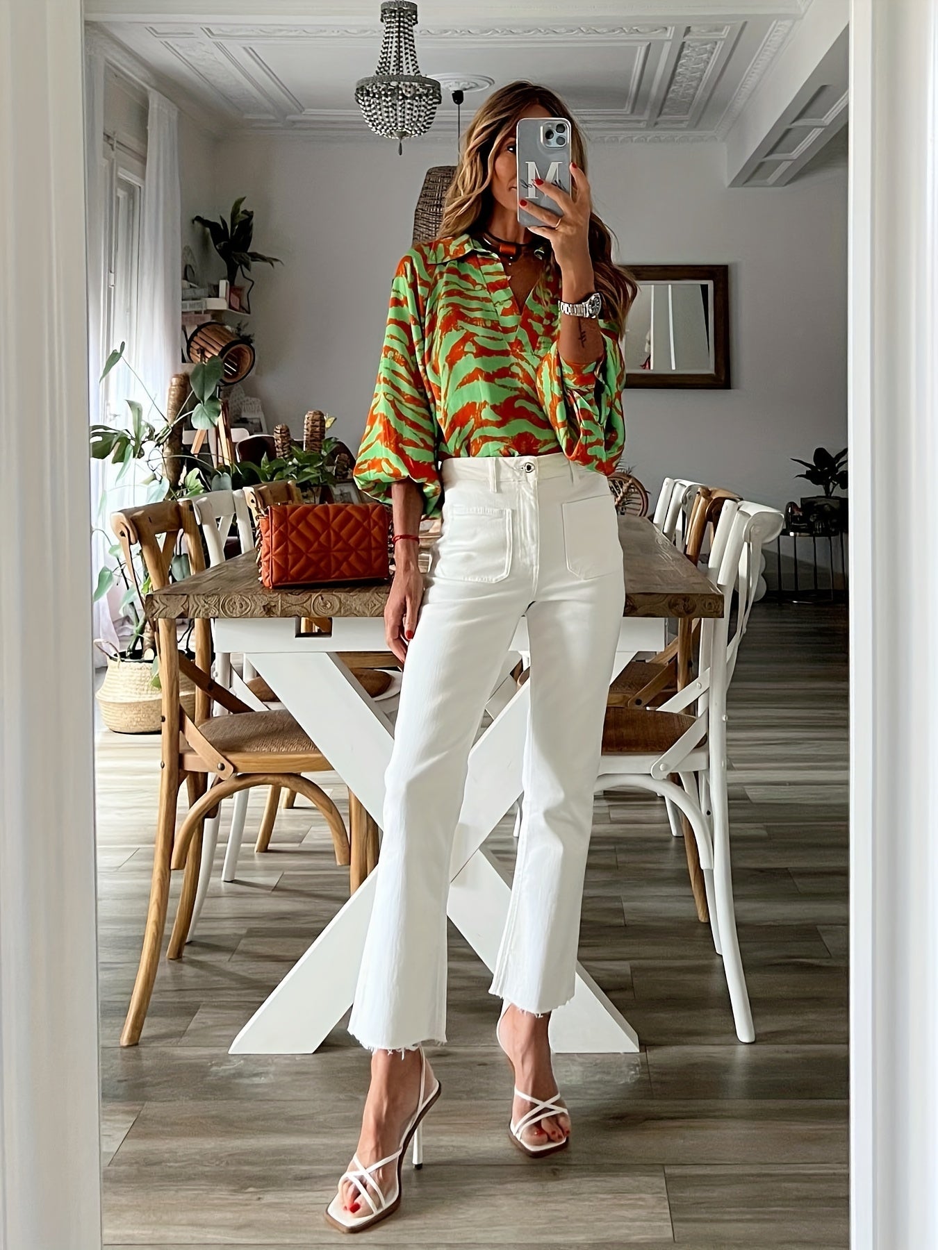  Animal Print Lantern Sleeve V Neck Blouse