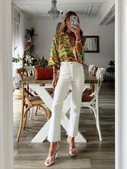  Animal Print Lantern Sleeve V Neck Blouse