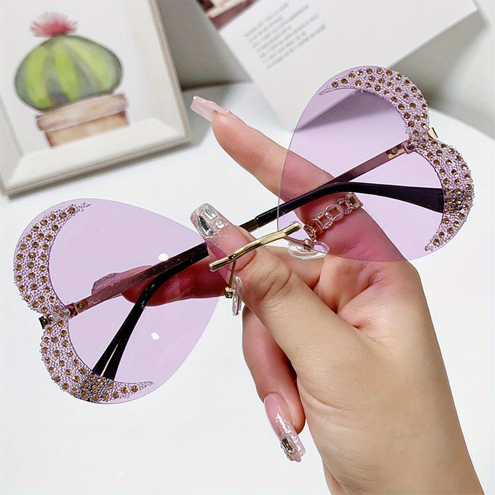 Y2K Rhinestone Heart Sunglasses Glitter Rimless UV400 Sun Shades