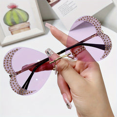 Y2K Rhinestone Heart Sunglasses Glitter Rimless UV400 Sun Shades
