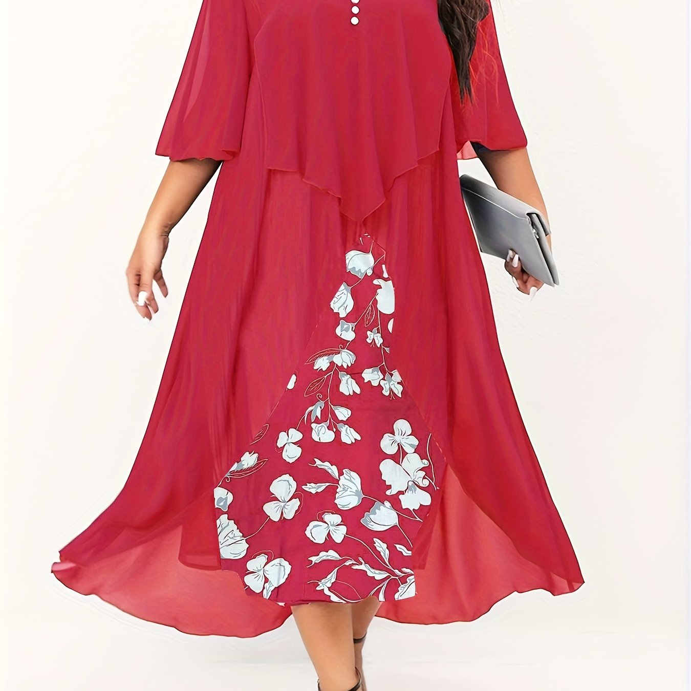  Women's Floral Print Layered Cloak Dress