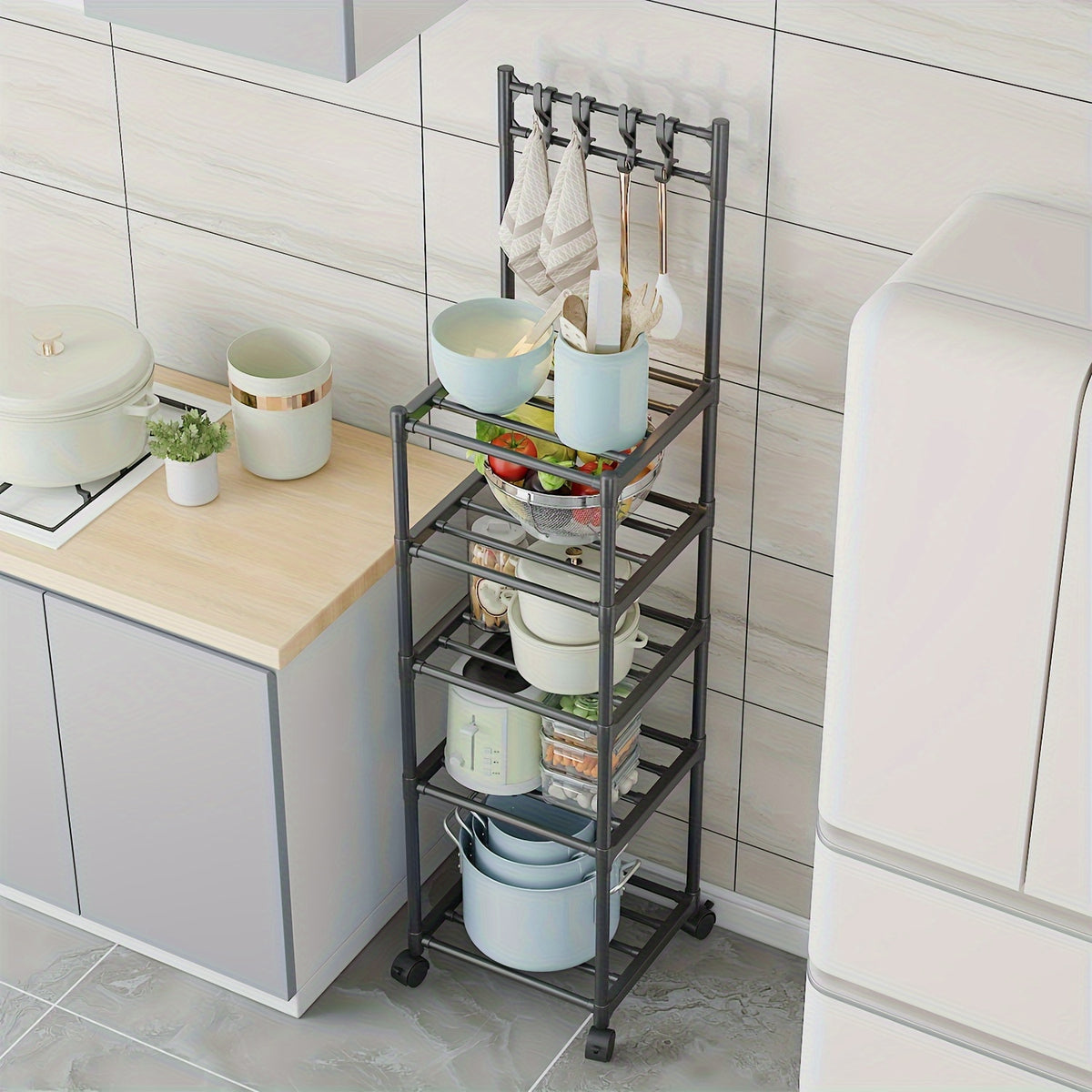 5-Layer Kitchen Storage Rack with Pulleys & Hooks