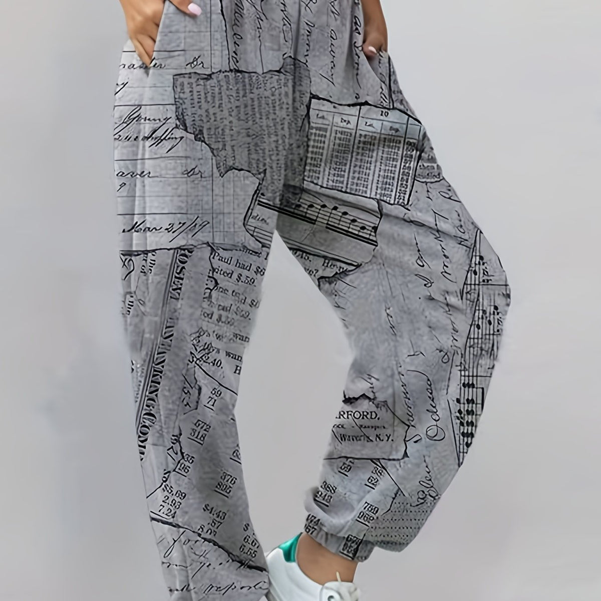 Newspaper Print Sweatpants Jogger Pants Women's Clothing