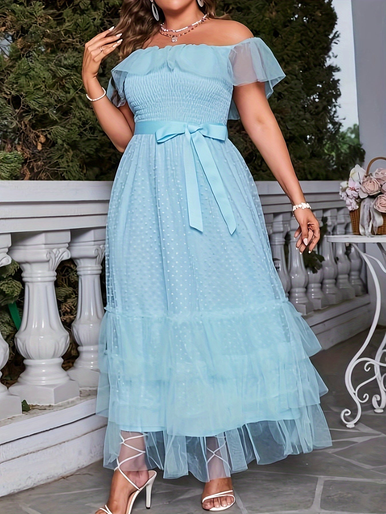  Polka Dot Mesh Off Shoulder Ruffle Trim Maxi Dress