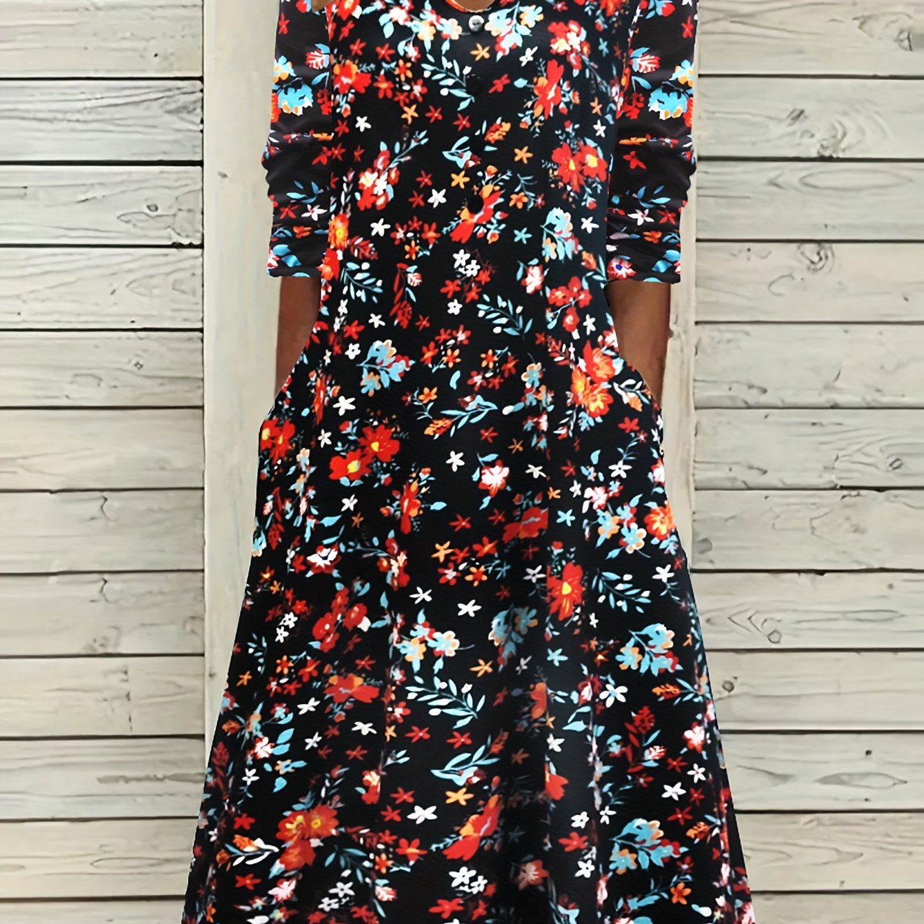 Floral Print Long Sleeve Notched Neck Plus Size Casual Dress
