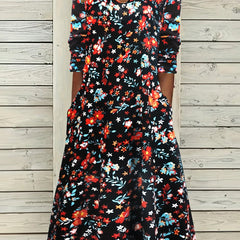Floral Print Long Sleeve Notched Neck Plus Size Casual Dress