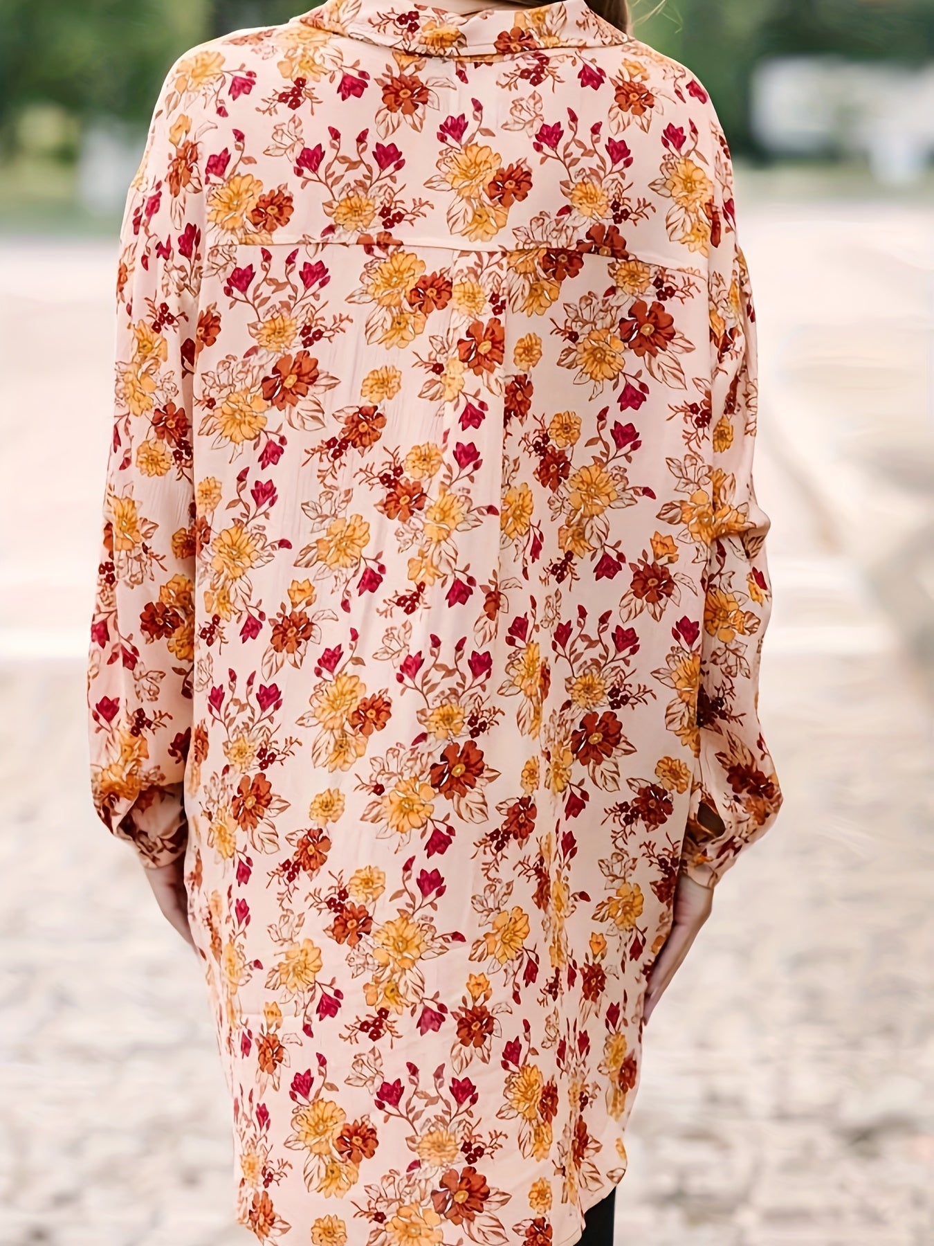  Ditsy Floral Print Long Sleeve Button Up Tunic Shirt Top
