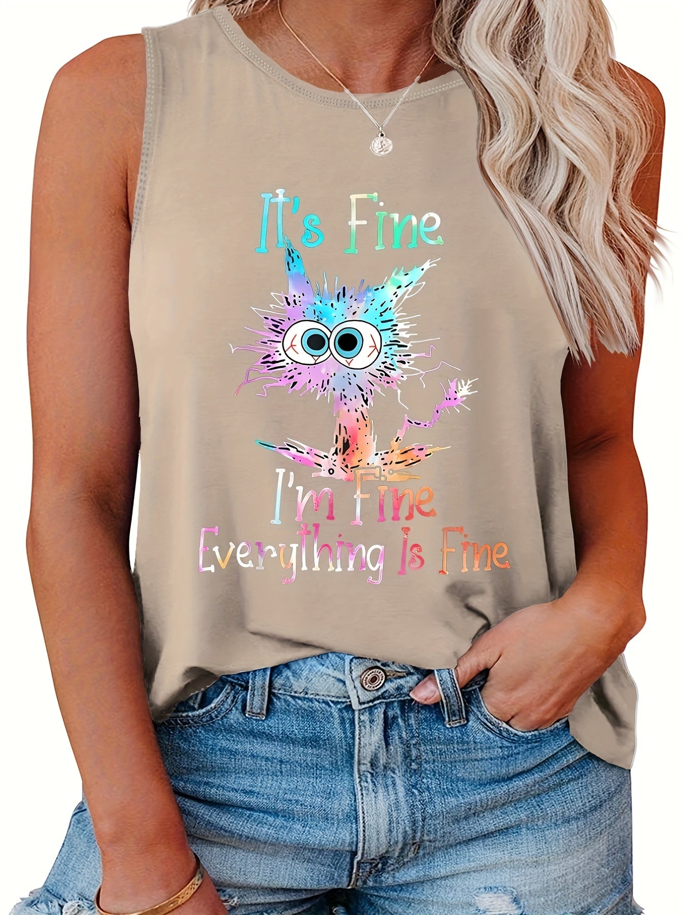  Casual Tank Top Women's Plus Slogan & Graphic Print Round Neck Tank