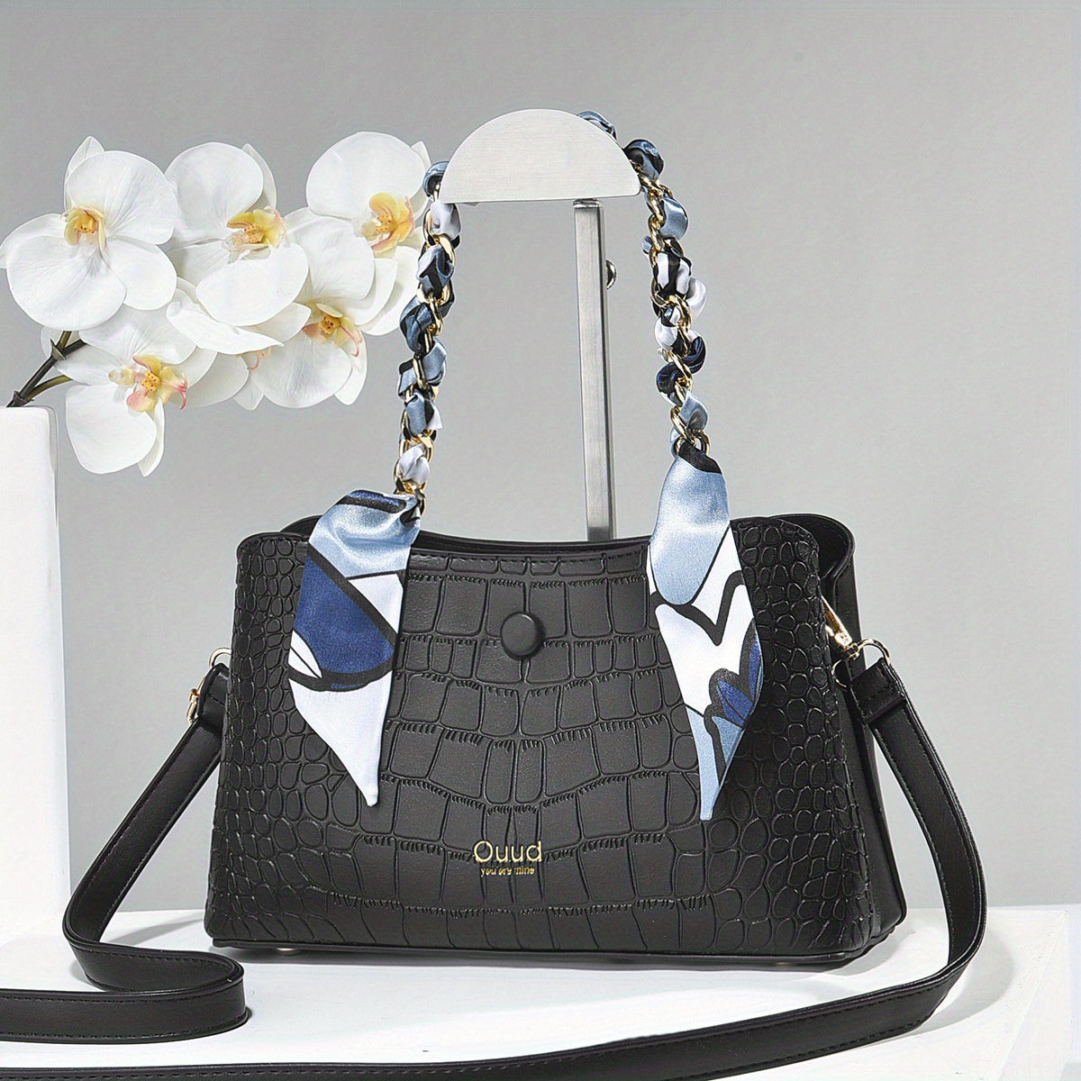 Crocodile Embossed Shoulder Bag with Scarf - Women's Satchel