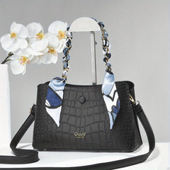 Crocodile Embossed Shoulder Bag with Scarf - Women's Satchel
