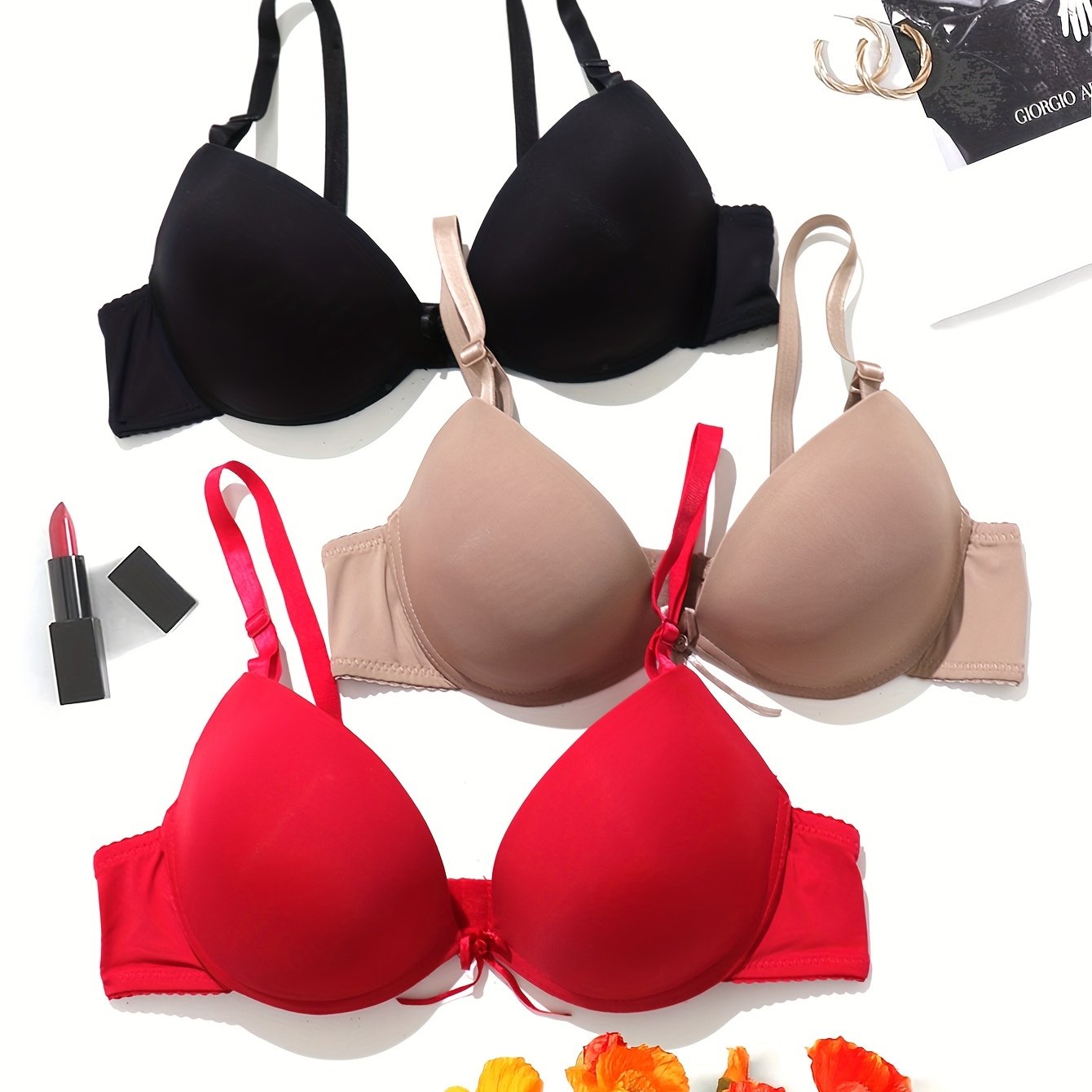 3pcs Solid T Shirt Bras Push Up Comfortable Breathable Lingerie Underwear